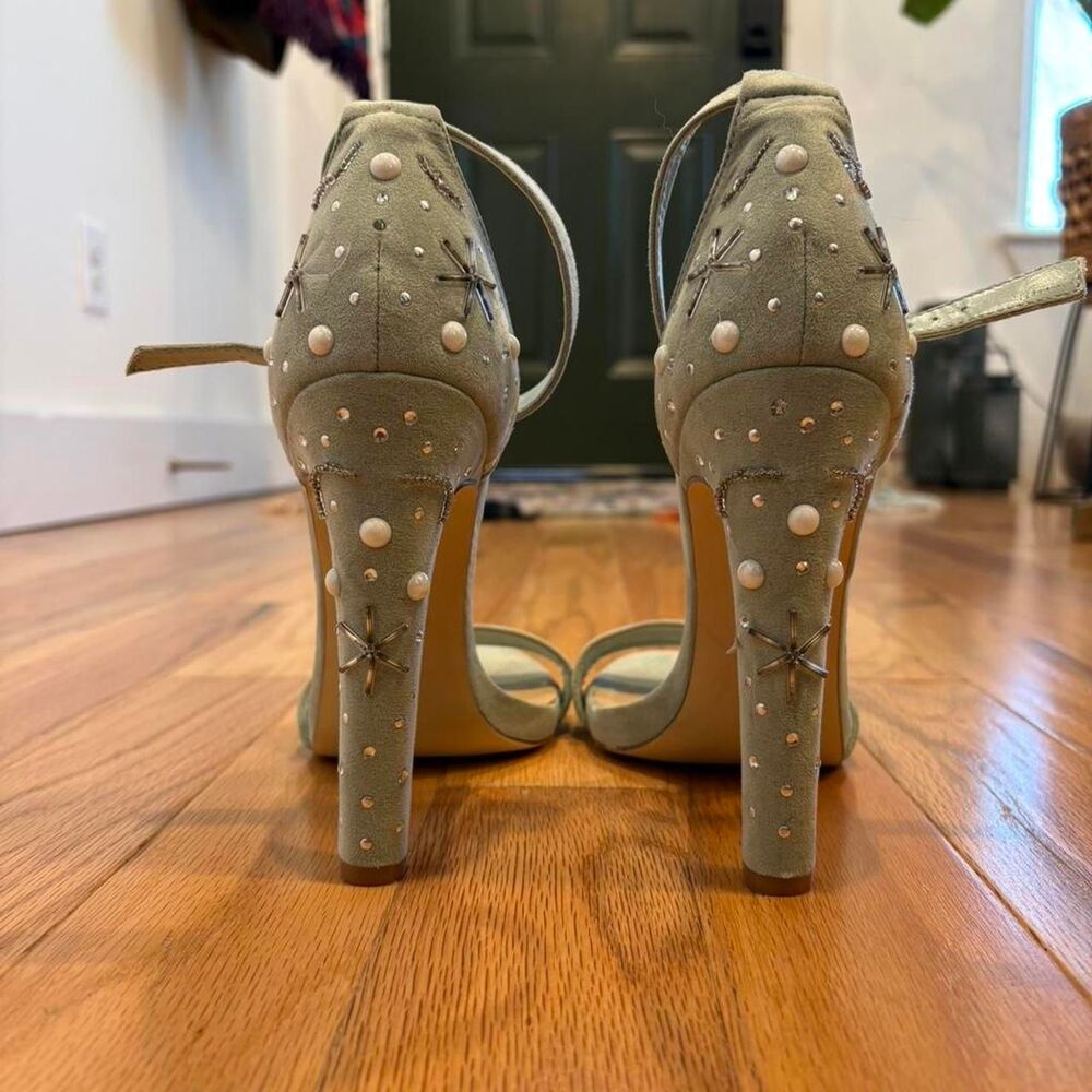 JustFab Mint Green Embellished Heels Pearl Star Stud Ankle Strap